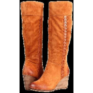 Cognac Knee High Wedge Suede Boots